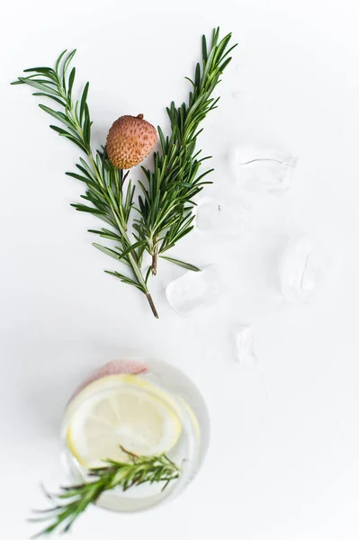 Vaso de agua clara con limón, romero . — Foto de Stock