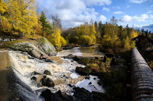 Elven i skogen med stryk. Høsten. Forstaden Helsingfors, Fin – stockfoto