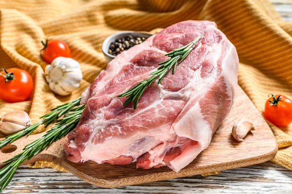Raw Pork Neck Chop Meat Herb Leaves Spices White Background — Stock Photo, Image