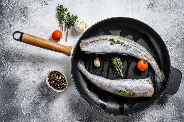 Ganze Fische Seelachs Einer Pfanne Rohe Meeresfrüchte Weißer Hintergrund Ansicht — Stockfoto