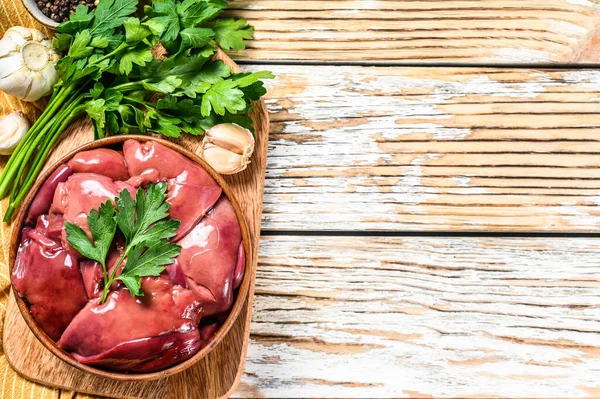 Raw Chicken Liver Wooden Bowl Parsley White Background Top View — Stock Photo, Image