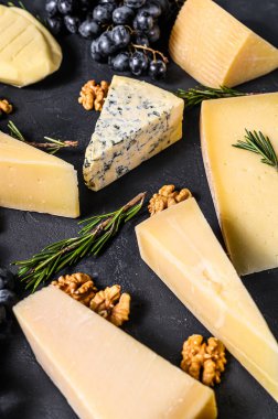 Farklı çeşit lezzetli peynirler, cevizler ve üzümlerle donatılmış güzel bir arka plan. Üst görünüm.