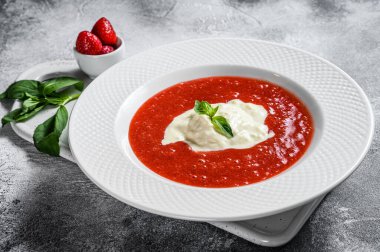 Çilekli püre ve Buffalo mozzarella. Gri arka plan. Nefis İtalyan tatlıları..