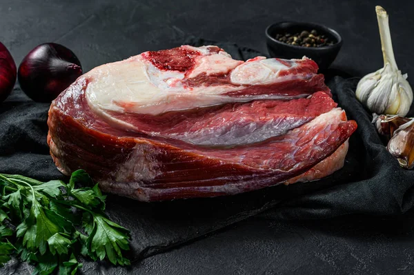 Raw Veal Shank Black Background Top View Farm Organic Meat — Stock Photo, Image