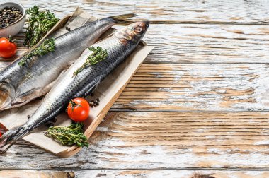 Baharatlı Hollanda ringa balığı. Beyaz arka plan. Üst Manzara. Boşluğu kopyala.