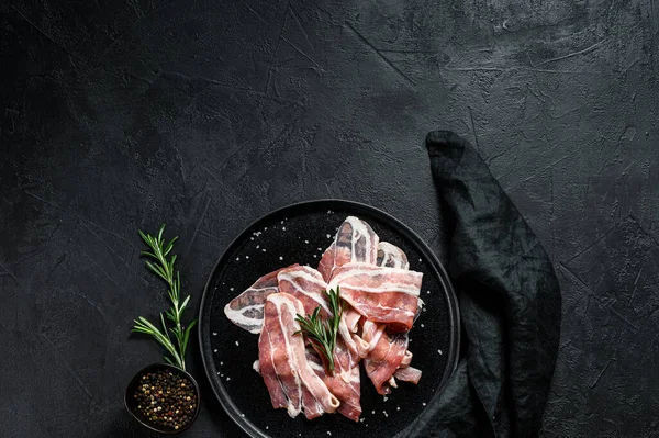 Pork Bacon Black Plate Farm Organic Meat Black Background Top — Stock Photo, Image