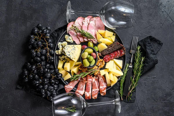 Antipasto Board Sliced Meat Ham Salami Cheese Olives Black Background — Stock Photo, Image
