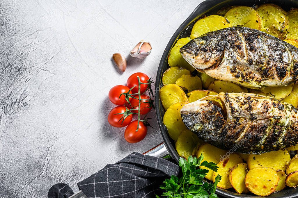 Grilled Dorado fish with potatoes in a pan. Gray background. top view. Copy space.