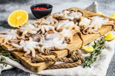 Tahta bir kasede kekik ve limonlu çiğ ahtapot. Organik deniz ürünleri. Gri arka plan. Üst görünüm.