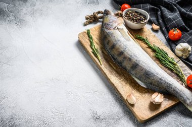 Zander, bitkilerle doldur. Çiğ balık. Gri arka plan. Üst Manzara. Boşluğu kopyala.