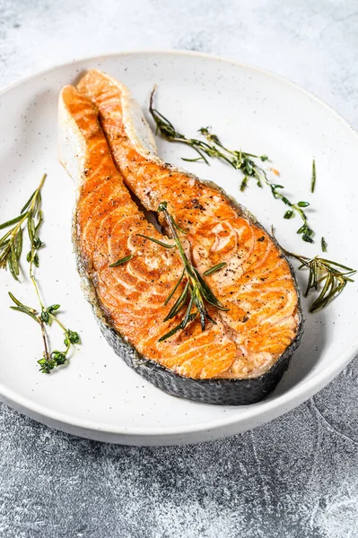 Bistecca Salmone Arrosto Pesce Sano Sfondo Grigio Vista Dall Alto — Foto Stock