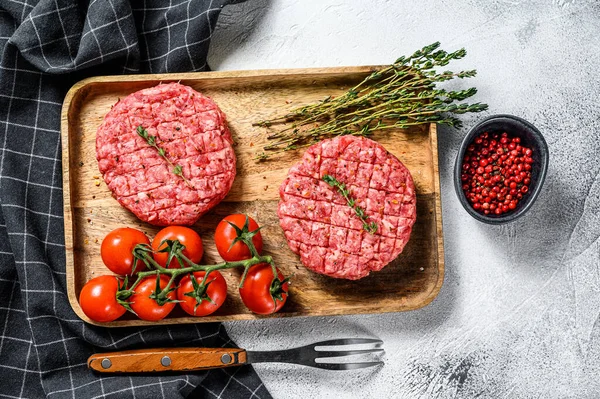 Hackfleisch Burger Schnitzel Grauer Hintergrund Ansicht Von Oben — Stockfoto