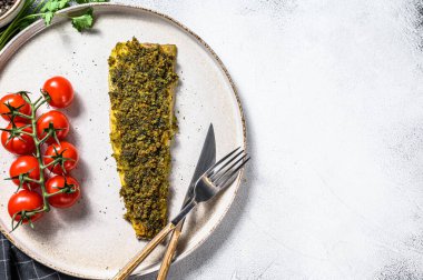 Pişmiş balık fileto. Organik deniz ürünleri. Beyaz arka plan. Üst Manzara. Boşluğu kopyala.