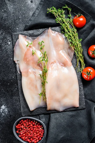 Beredning Bläckfisk Och Ingredienser Svart Bakgrund Ovanifrån — Stockfoto
