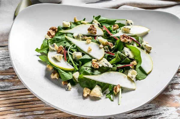 Salad Blue Cheese Pears Nuts Chard Arugula White Background Top — Stock Photo, Image