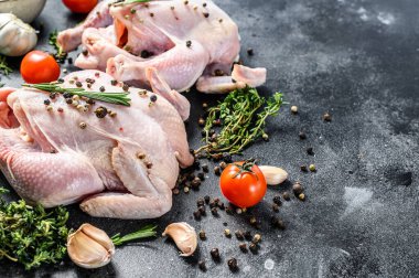 Baharatlı taze çiğ tavuk, aşçılık geçmişi. Siyah arka plan. Üst Manzara. Boşluğu kopyala.