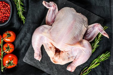 Biberiyeli ve pembe biberli çiğ tavuk. Siyah arka plan. Üst görünüm.