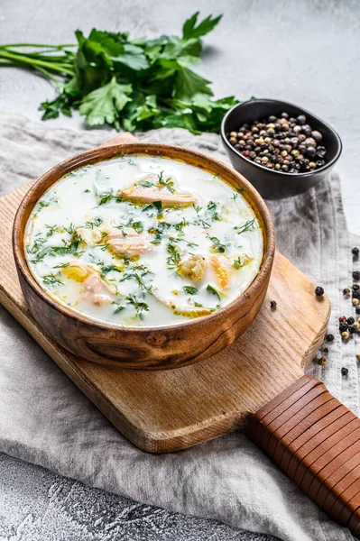 Finnish Creamy Fish Soup with Salmon and Potatoes. Gray background, top view — Stock Image Finnish Creamy Fish Soup Salmon Potatoes Gray Background Top View Stock Photo