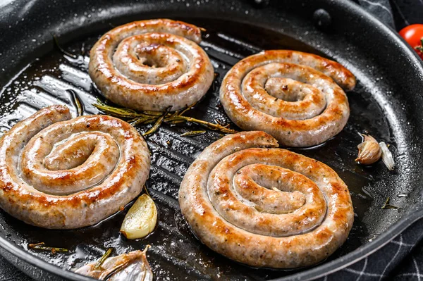 Spiral Delicious Grilled Sausages Vegetables Pan Gray Background Top View — Stock Photo, Image