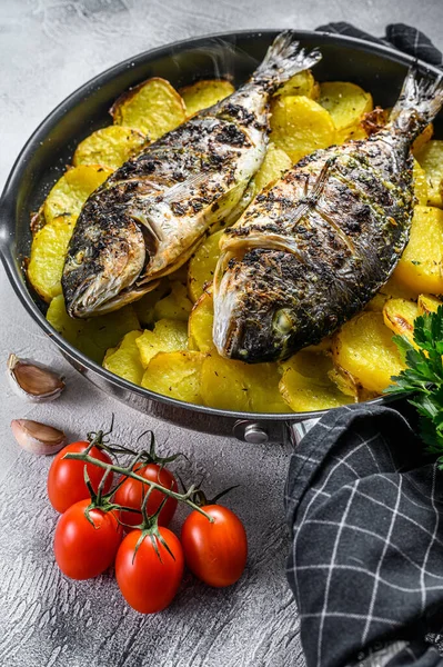 Grilled Sea Bream Fish Potatoes Pan Gray Background Top View — Stock Photo, Image