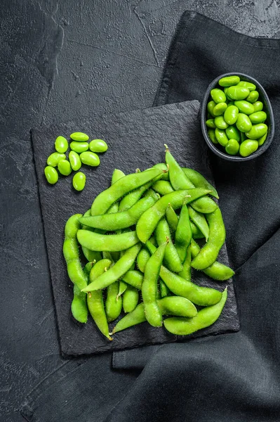 Edamame Soia Verde Fondo Nero Vista Dall Alto — Foto Stock