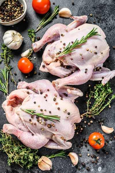 Organic farm raw whole chicken with herbs. Black background. Top view.