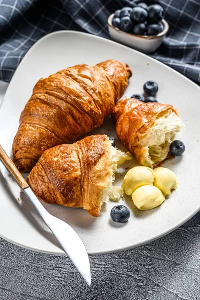 Fresh Croissants Butter Blueberries Delicious Breakfast Gray Background Top View — Stock Photo, Image