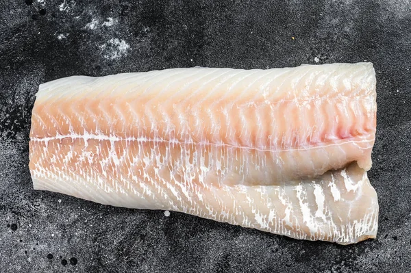 Filetto Merluzzo Bianco Norvegese Crudo Fondo Nero Vista Dall Alto — Foto Stock