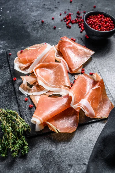 Spanish Jamon Serrano Thyme Cured Ham Black Background Top View — Stock Photo, Image