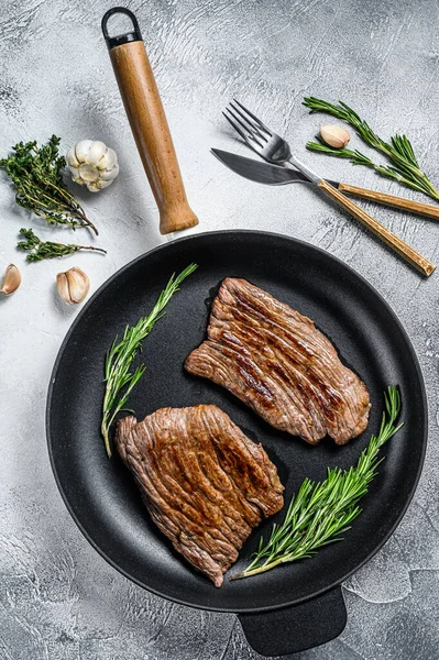 Grilled Flat Iron Flank Steaks Pan Marble Beef Meat Gray — Stock Photo, Image