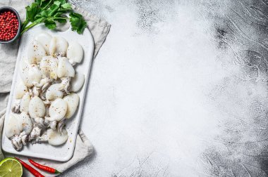 Kesme tahtasında çiğ, kırmızı biberli ve maydanozlu minyatür mürekkep balığı. Gri arka plan. Üst Manzara. Boşluğu kopyala.