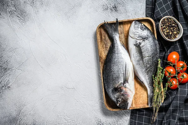 Roher Dorado Fisch Mit Kochzutaten Kirschtomaten Thymian Pfeffer Grauer Hintergrund — Stockfoto