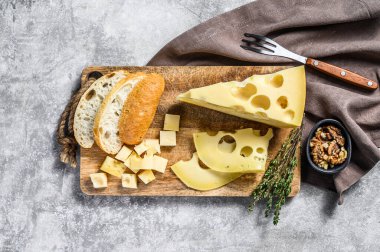 Cevizli ve kekikli Maasdam peyniri. Gri arka plan. Üst görünüm.