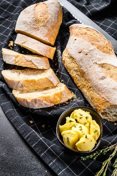 French Baguette Butter Breakfast Black Background Top View — Stock Photo, Image