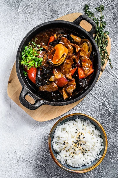 Beef Meat Teriyaki Sauce Rice White Background Top View — Stock Photo, Image