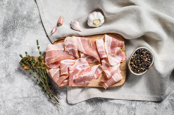 Bacon Pepper Thyme Chopping Board Organic Raw Pork Meat Gray — Stock Photo, Image