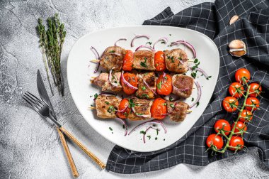 Domates ve biberli domuz kebabı. Piknik için yemek. Gri arka plan. Üst görünüm.