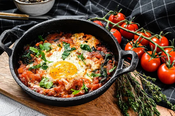 Reggeli Sült Tojással Paradicsom Shakshuka Serpenyőben Török Tradicionális Ételek Szürke — Stock Fotó