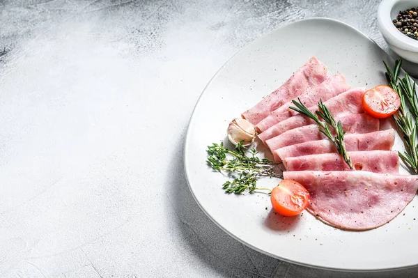 Embutido Carne Cerdo Cortada Jamón Hervido Tradicional Alemán Fondo Gris — Foto de Stock