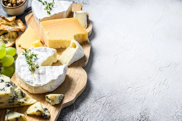 Sajttábla Francia Camembert Brie Parmezán Kék Sajt Szőlő Dió Fehér — Stock Fotó