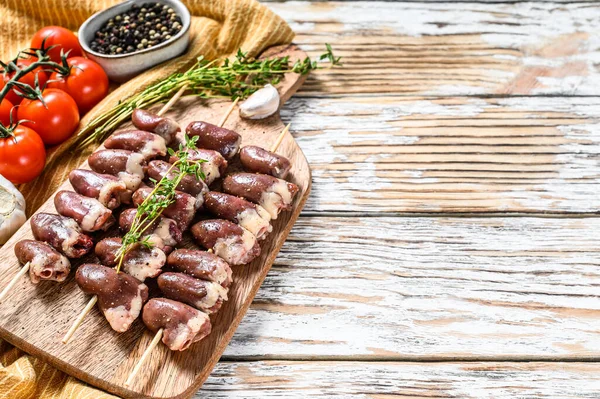 Wooden Skewers Raw Chicken Hearts White Background Top View Copy — Stock Photo, Image