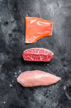 Çiğ biftek. Biftek bıçağı, somon filetosu ve hindi göğsü. Organik balık, kümes hayvanı ve sığır eti. Siyah arka plan. Üst görünüm.