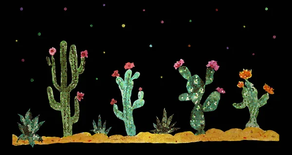 Set med kaktusar och blommor på mörk bakgrund. — Stockfoto