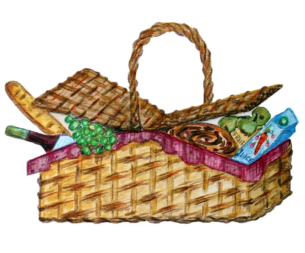 Picnic basket with food, wine and snack — Stock Photo, Image