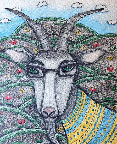 Colored pencil illustration of a goat. Fairytale character. Royalty Free Stock Images