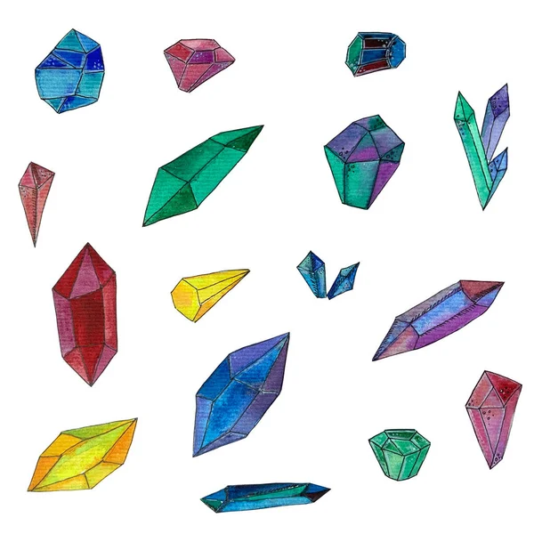 Set with watercolor illustration of crystals gems. — Stock Photo, Image