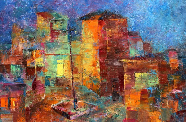 Multicolored oil painting of colorful cute houses Stock Image