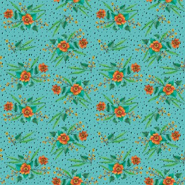 Turkuaz bir arka plan üzerinde söğüt dalları ile turuncu çiçekler