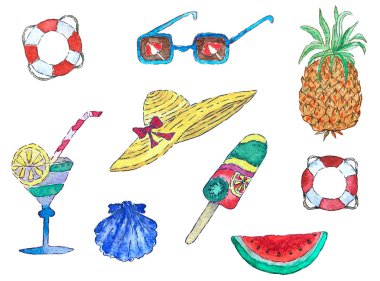 Suluboya yaz şeyler ayarlayın. Beyaz arka plan üzerinde izole öğeleri.