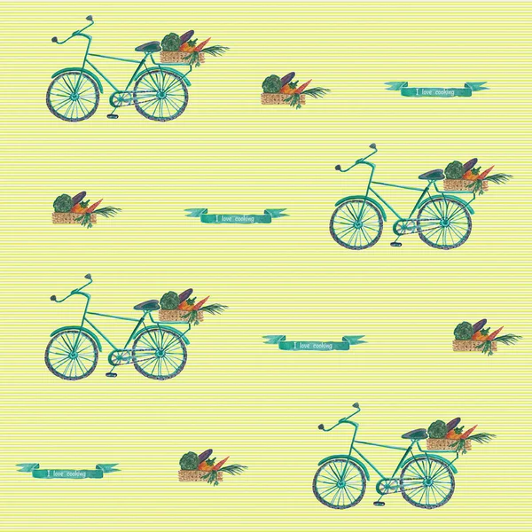 Seamless watercolor pattern witn bycicle and basket of vegetables. — Stock Photo, Image